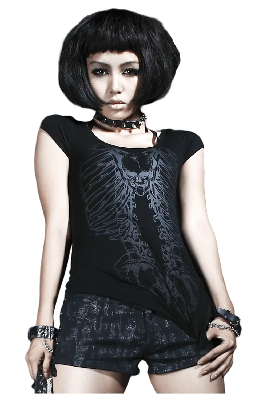 Edgy Chain-Back Skeleton Knit T-Shirt - Punk Rave Inspired Graphic T-Shirt Round Neck Polyester Edgy Chain-Back Skeleton Knit T-Shirt - Punk Rave Inspired Graphic T-Shirt Round Neck Polyester