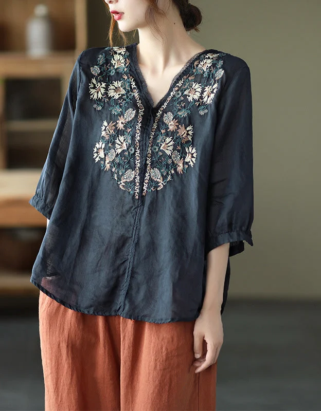 Embroidery V-neck Mid-sleeve Linen Shirt Front Pockets Side Pockets Patch Pockets