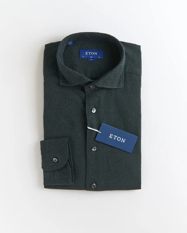 Dark Green Flannel Slim Shirt Silk Blend Satin Velvet
