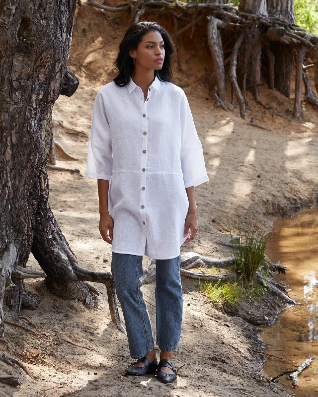 Flowing linen tunic-shirt SANIBEL in White Fleece Fabric Down Fabric Feather Fabric