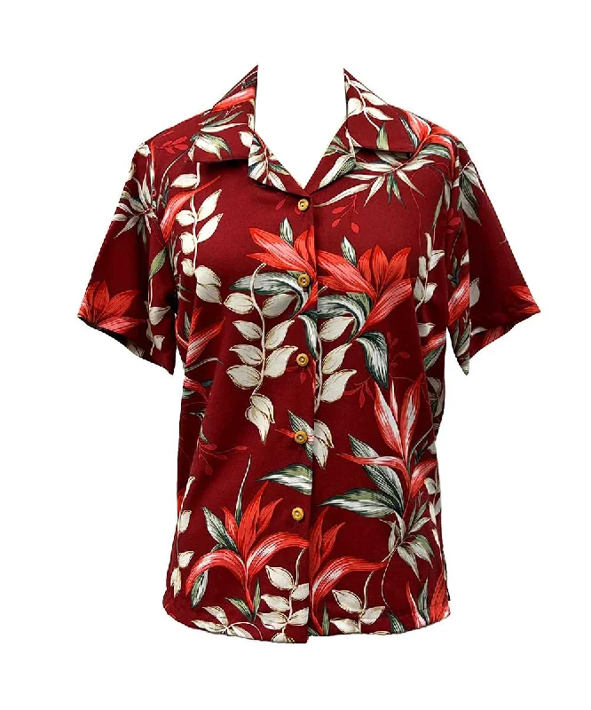 Heliconia Paradise Women's Hawaiian Camp Shirt Ribbed T-Shirt High Neck Heavyweight