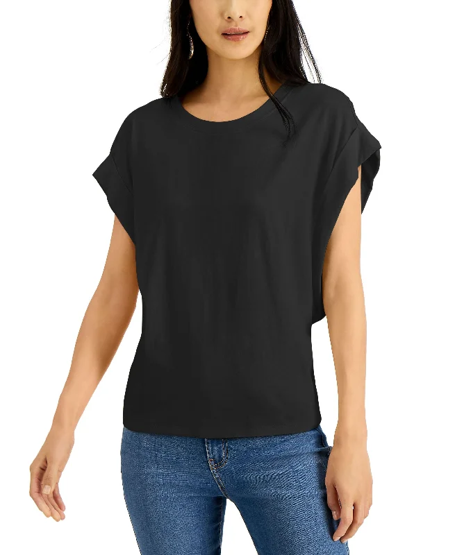 INC International Concepts Womens Rolled Sleeve T-Shirt Beaded Sequined Faux Fur