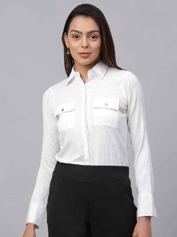 Jainish Women's White Solid Shirt - White Mesh Canvas Denim