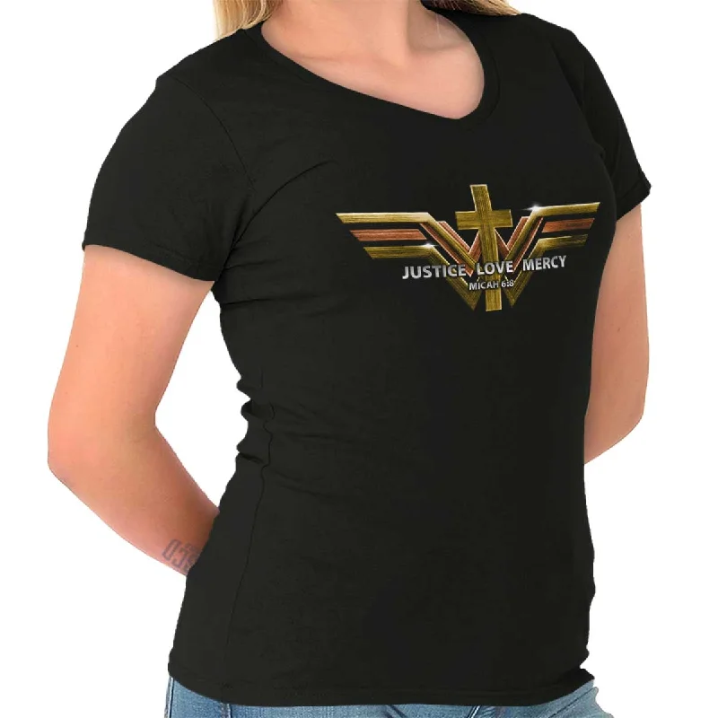Justice Love Mercy Junior Fit V-Neck T-Shirt Satin Fabric Silk Fabric Chiffon Fabric Justice Love Mercy Junior Fit V-Neck T-Shirt Satin Fabric Silk Fabric Chiffon Fabric