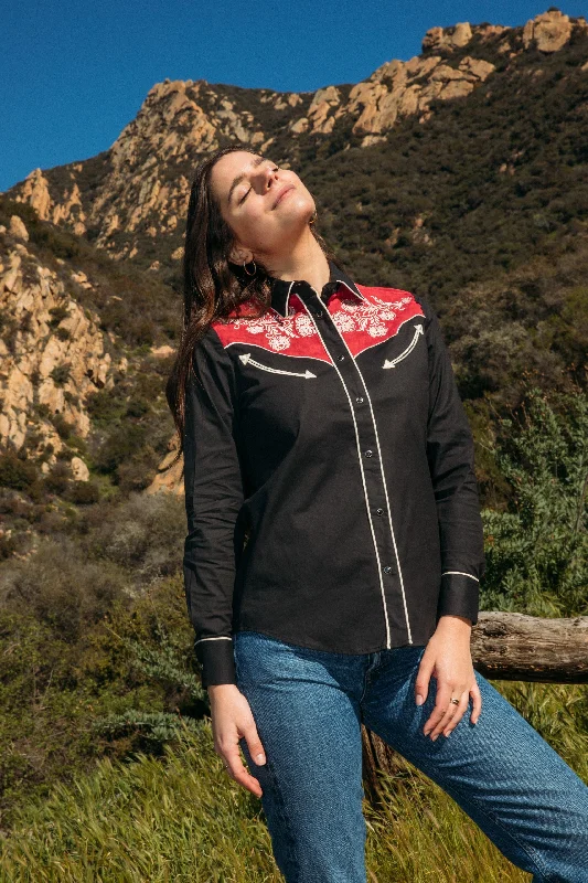 Ladies Cotton Black Embroidery Western Shirt With Suede Collared Crew Neck Turtle Neck