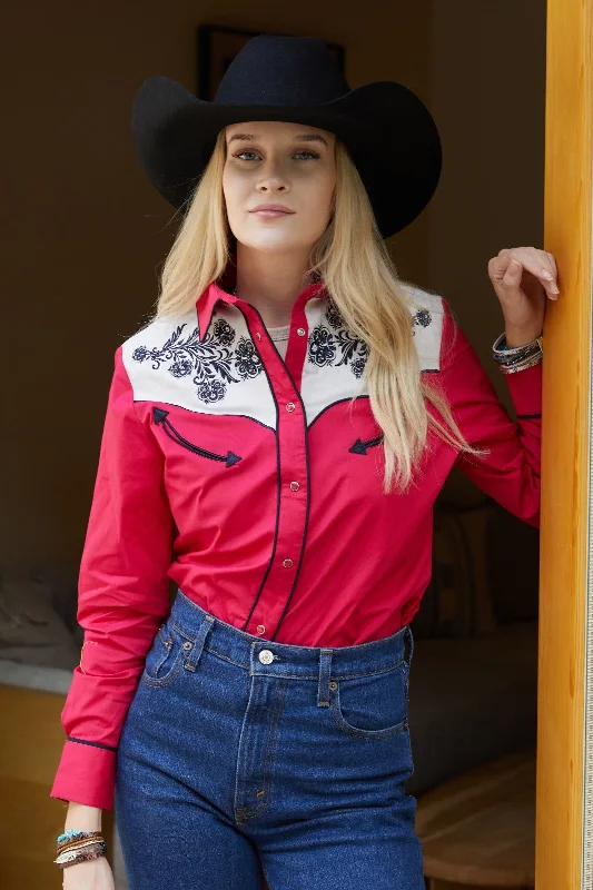 Ladies Cotton Red Embroidery Western Shirt With Suede Mesh Fabric Canvas Fabric Denim Fabric Ladies Cotton Red Embroidery Western Shirt With Suede Mesh Fabric Canvas Fabric Denim Fabric