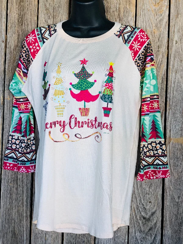 Merry Christmas Musical Christmas Trees Raglan T-Shirt Hooded Caped Shawl Collar