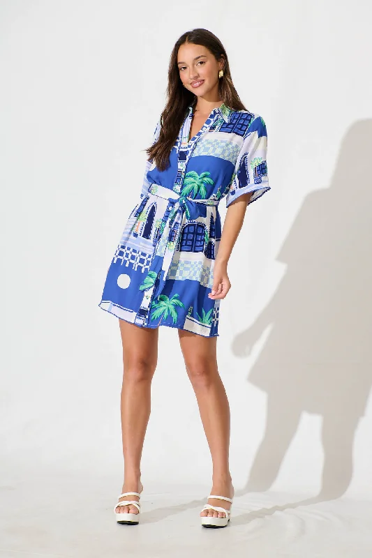Miela Shirt Dress in Blue with White Print Nylon Fabric Polyester Fabric Spandex Fabric Miela Shirt Dress in Blue with White Print Nylon Fabric Polyester Fabric Spandex Fabric
