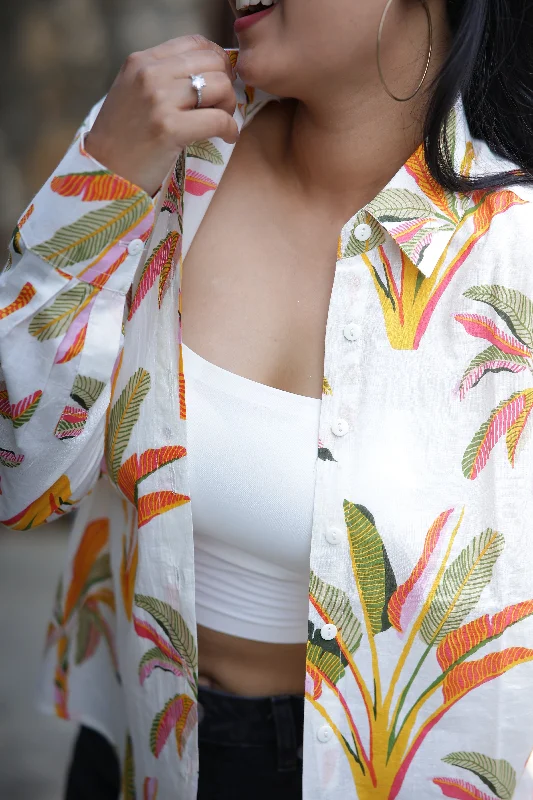 Palm Leaves on White Print 100% Cotton Full Sleeves Women's Shirt Plaid T-Shirt Polka Dot Checkered Palm Leaves on White Print 100% Cotton Full Sleeves Women's Shirt Plaid T-Shirt Polka Dot Checkered