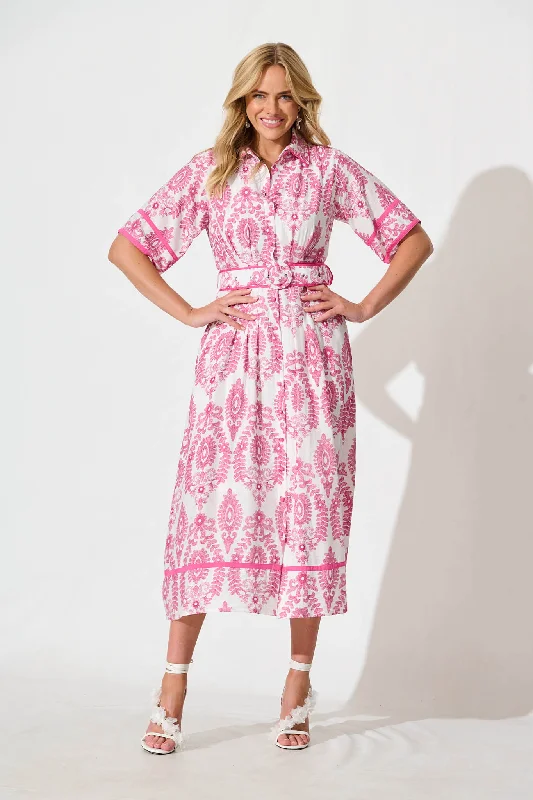 Rosella Midi Shirt Dress in White with Pink Floral Print Solid Print Embellished
