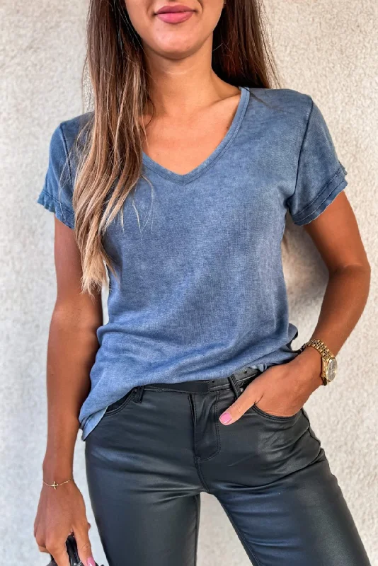 Womens T-Shirt Mineral Washed V Neck Short Sleeve Striped Floral Plaid