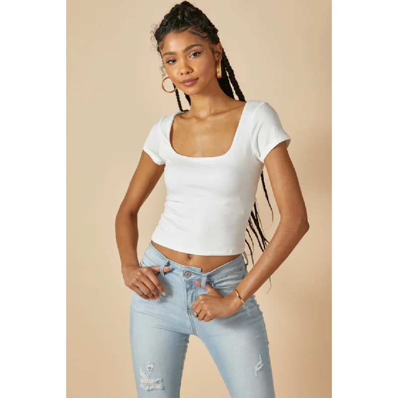 Square Neck Double Layered Cropped Tee - Soft White Chenille Blend Fleece Blend Nylon Blend Square Neck Double Layered Cropped Tee - Soft White Chenille Blend Fleece Blend Nylon Blend
