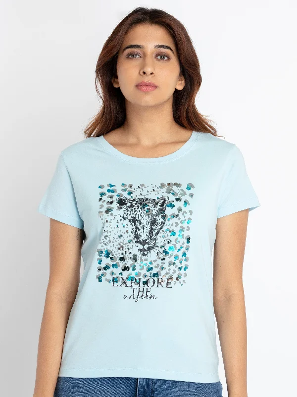 Womens Printed Round Neck T-shirt Solid Color Striped Floral