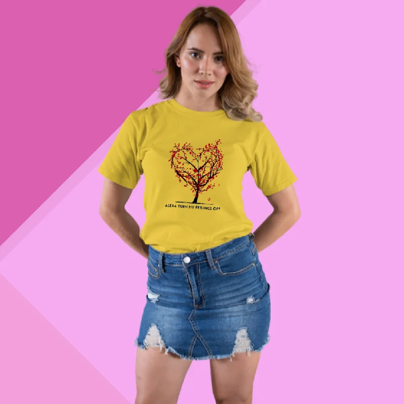 "Stay Chill with 'Alexa Turn My Feelings Off' Printed Women's Yellow T-Shirt" Notch Collar Peter Pan Collar Cowl Neck