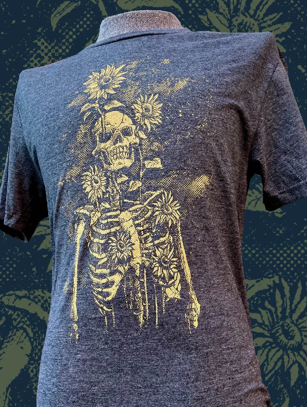 Sunflowers and Skeletons - Unisex Crew Neck Tee Solid Color Striped Floral