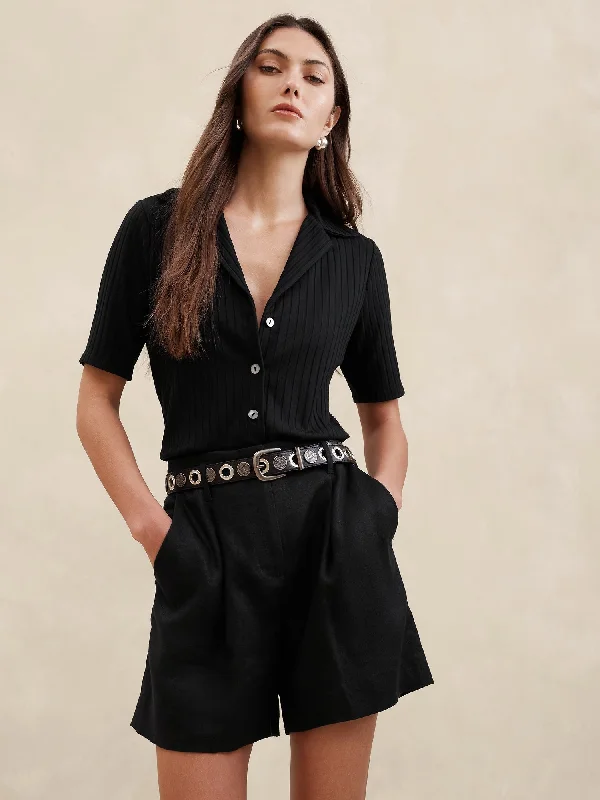 Sur Ribbed Short-Sleeve Resort Shirt Cashmere Blend Cotton Blend Poly Blend