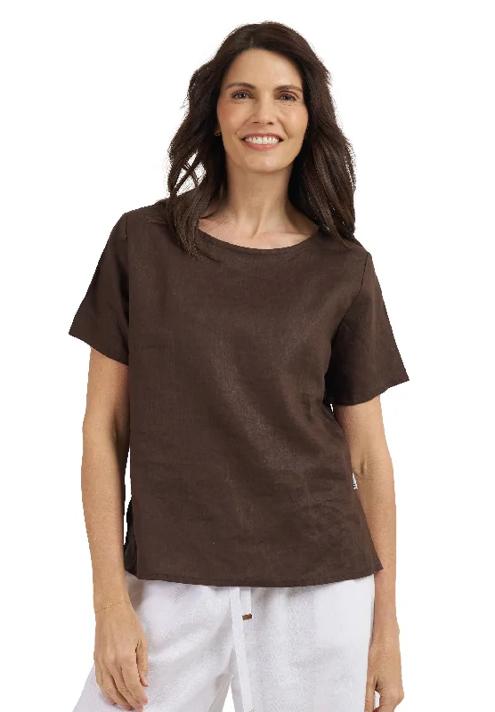Teena-Linen Coffee T-Shirt Striped Floral Plaid