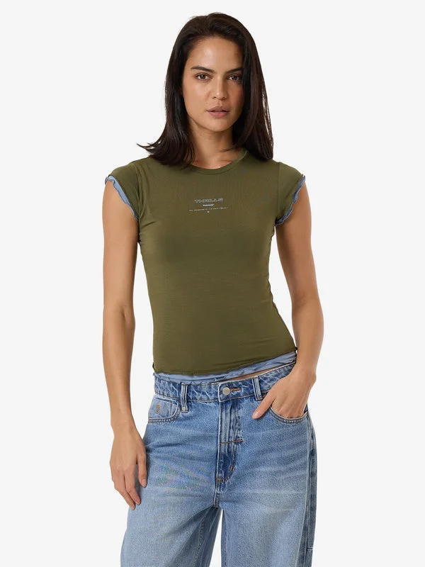 THRILLS Double Down Layer Tee - BURNT OLIVE Satin Blend Silk Blend Wool Blend