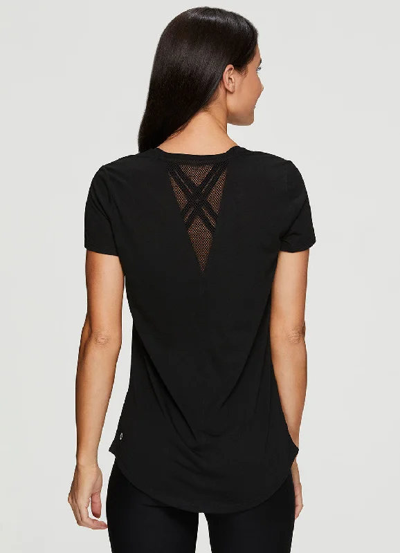 Studio Don't Look Back Mesh Tee Shirt V-Neck T-Shirt Long Sleeve Cotton