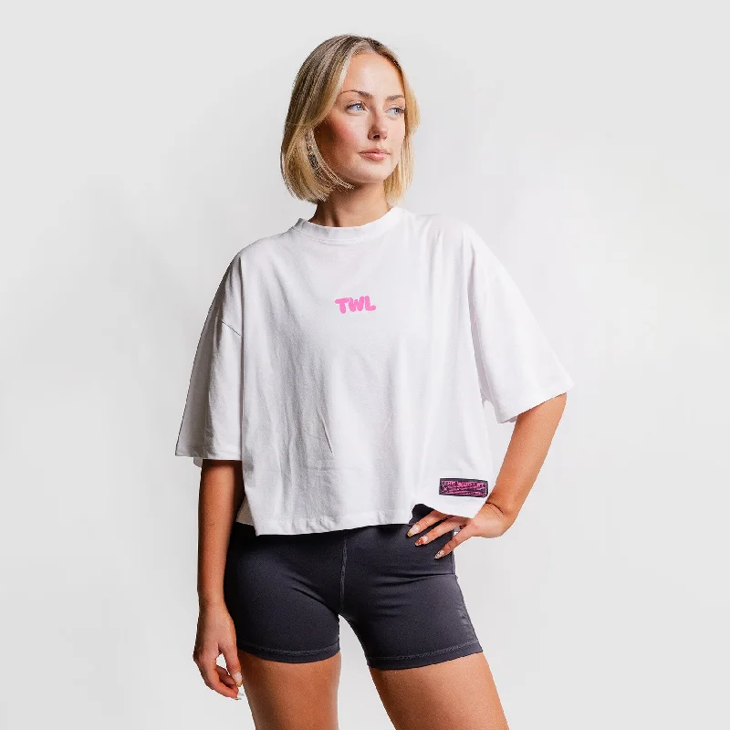 TWL - WOMEN'S OVERSIZED CROPPED T-SHIRT - PUFF - RASPBERRY PINK Satin Fabric Silk Fabric Chiffon Fabric TWL - WOMEN'S OVERSIZED CROPPED T-SHIRT - PUFF - RASPBERRY PINK Satin Fabric Silk Fabric Chiffon Fabric