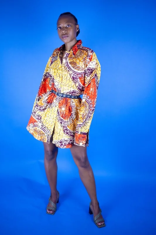 Women's African Print Shirt Oversized in Gold Anti-Pilling Machine Wash Handmade