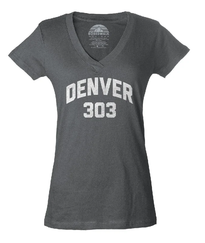 Women's Denver 303 Area Code Vneck T-Shirt Front Pockets Side Pockets Patch Pockets