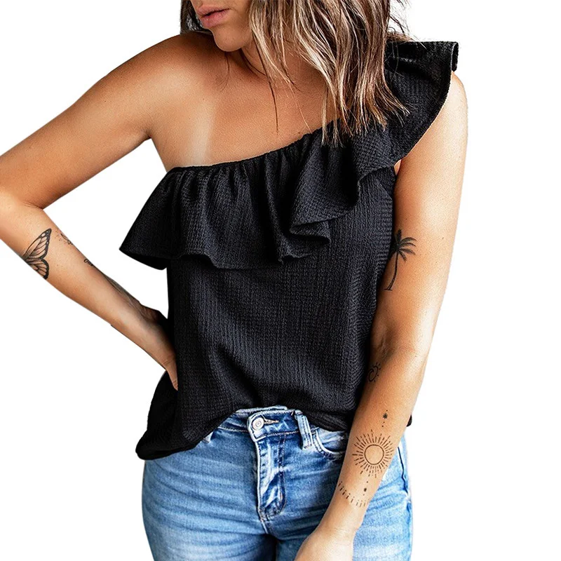 Women'S Fashion Ruffled One Shoulder Shirt Embroidered Appliqued Beaded