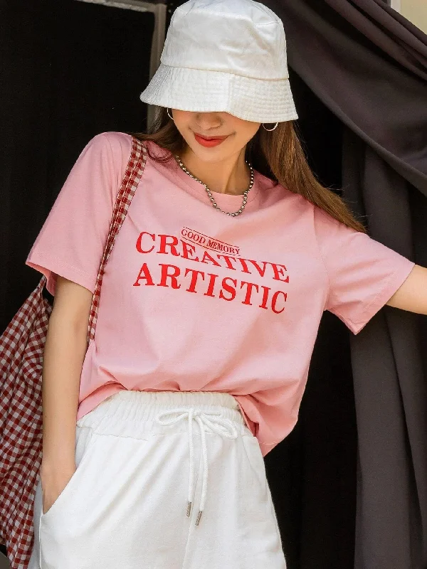 Womens Round Neck Printed Pink T.shirts Terry Blend Velvet Blend Canvas Blend