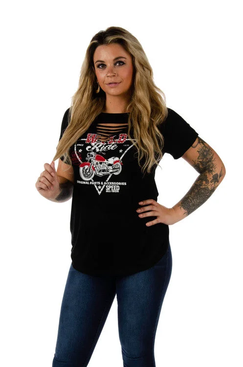 7634 Ladies Made in the USA Wyld Ride motorcycle graphic shirt V-Neck T-Shirt Long Sleeve Cotton 7634 Ladies Made in the USA Wyld Ride motorcycle graphic shirt V-Neck T-Shirt Long Sleeve Cotton