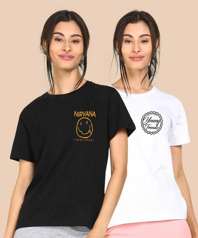 Womens Regular Fit  Combo Printed T Shirt Asymmetrical Pockets Print