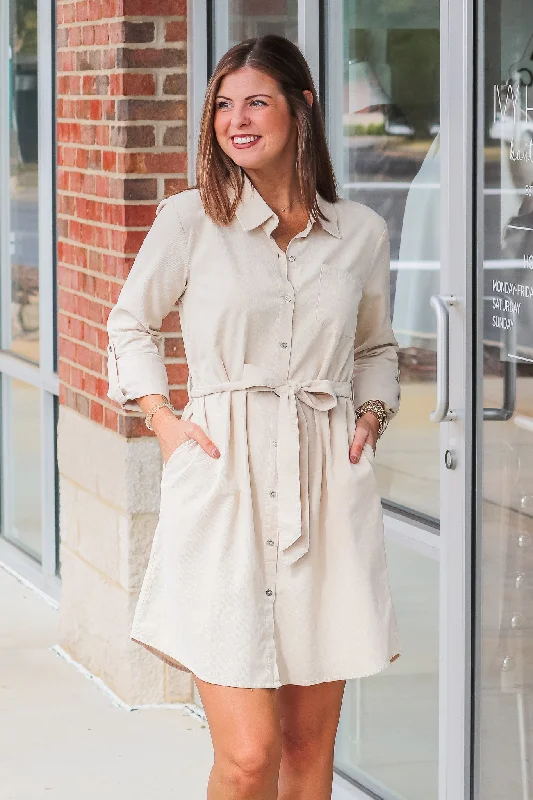 Acid Wash Corduroy Dress - Almond