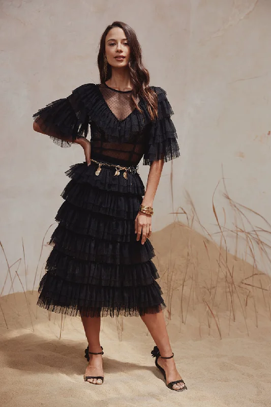 Aoki Ruffle Dress Plain Noir