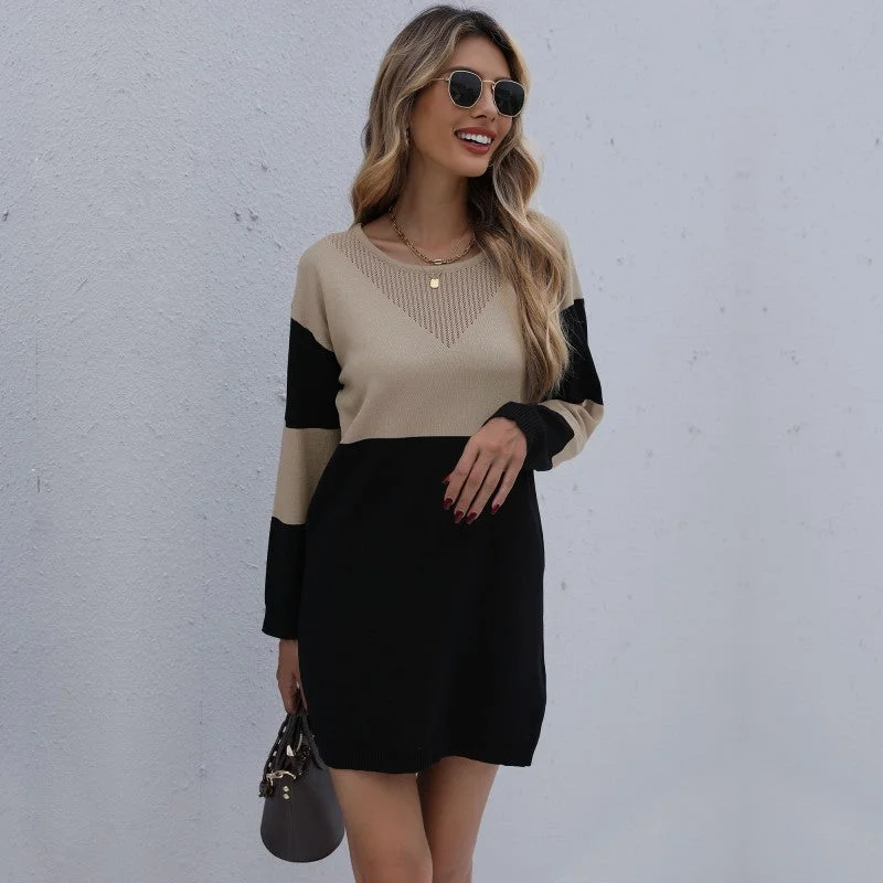 Blue Zone Planet | Emma's Round Neck Contrast Panel Knit Sweater Dress