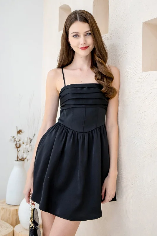 LUCIELLE SATIN RUCHED DRESS IN BLACK