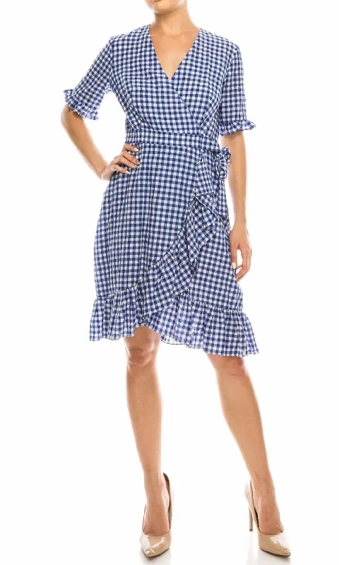 Maggy London - G3958MSC Elbow Sleeve Gingham Ruffle Trimmed Dress
