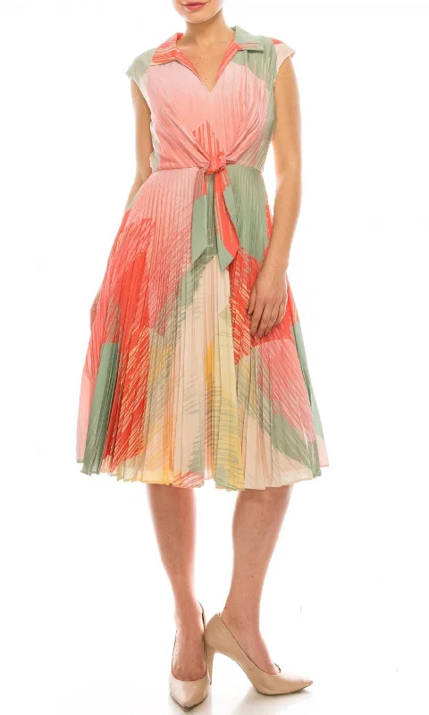 Maison Tara - 91238MSC Tie-Waist Print A-Line Dress