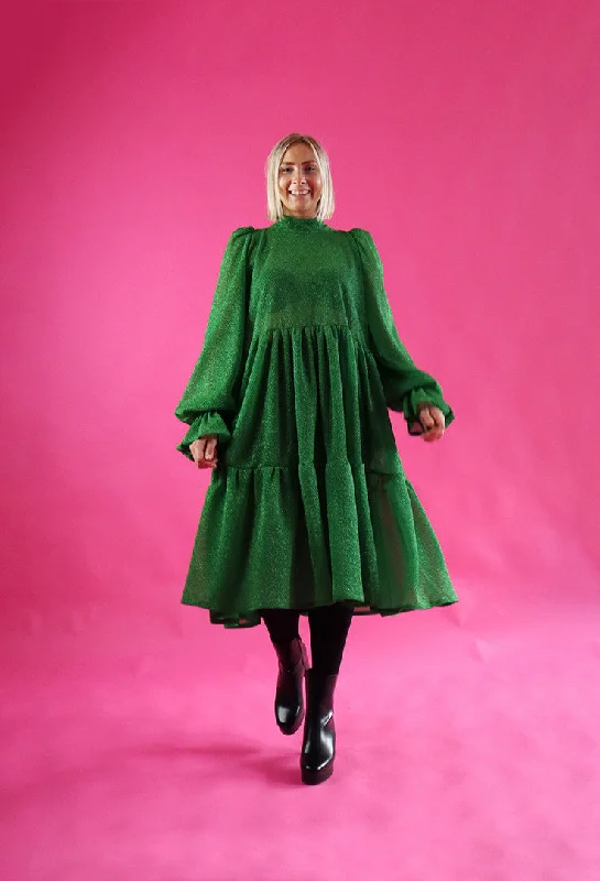 Dishy Dress With Bow Collar Glitter Green
