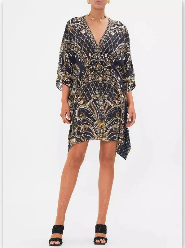 Printed Silk Short Gathered Waist Kaftan Dress
