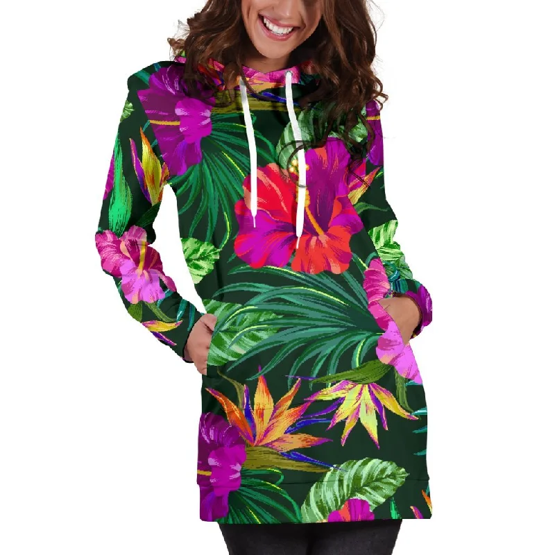 Purple Tropical Pattern Print Pullover Hoodie Dress