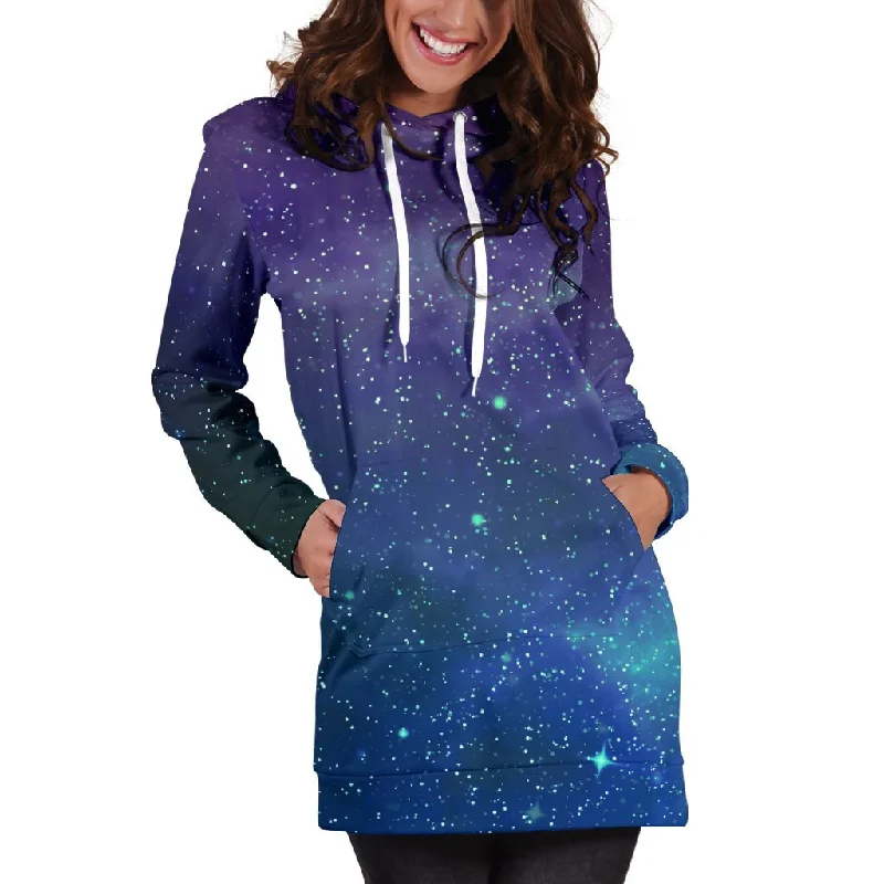 Purple Turquoise Galaxy Space Print Pullover Hoodie Dress