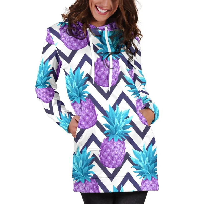 Purple Zig Zag Pineapple Pattern Print Pullover Hoodie Dress