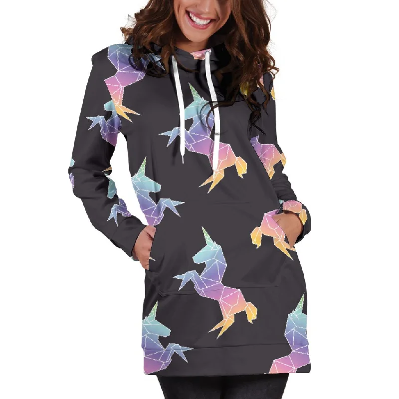 Rainbow Origami Unicorn Pattern Print Pullover Hoodie Dress