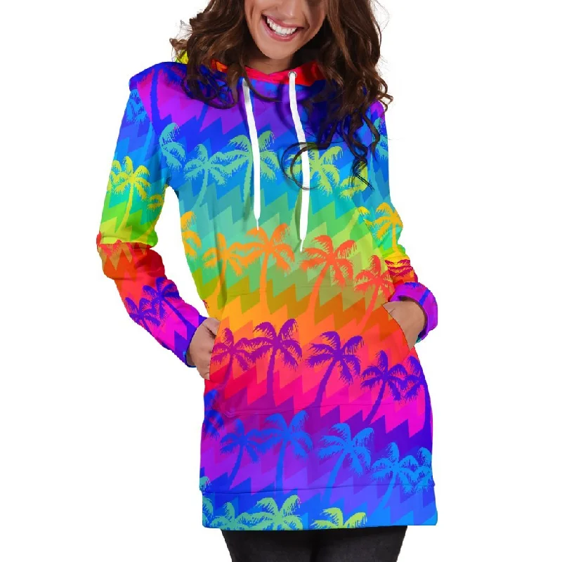 Rainbow Palm Tree Pattern Print Pullover Hoodie Dress