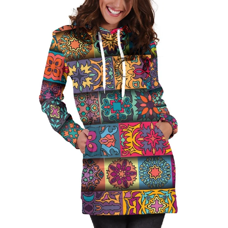 Rectangle Mandala Bohemian Pattern Print Pullover Hoodie Dress