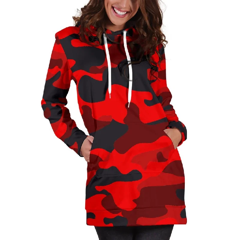 Red And Black Camouflage Print Pullover Hoodie Dress