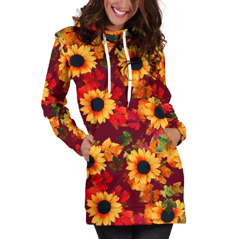 Red Autumn Sunflower Pattern Print Pullover Hoodie Dress