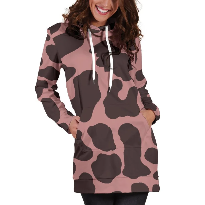 Red Brown Cow Print Pullover Hoodie Dress