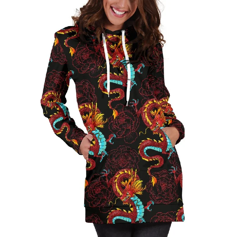 Red Dragon Lotus Pattern Print Pullover Hoodie Dress