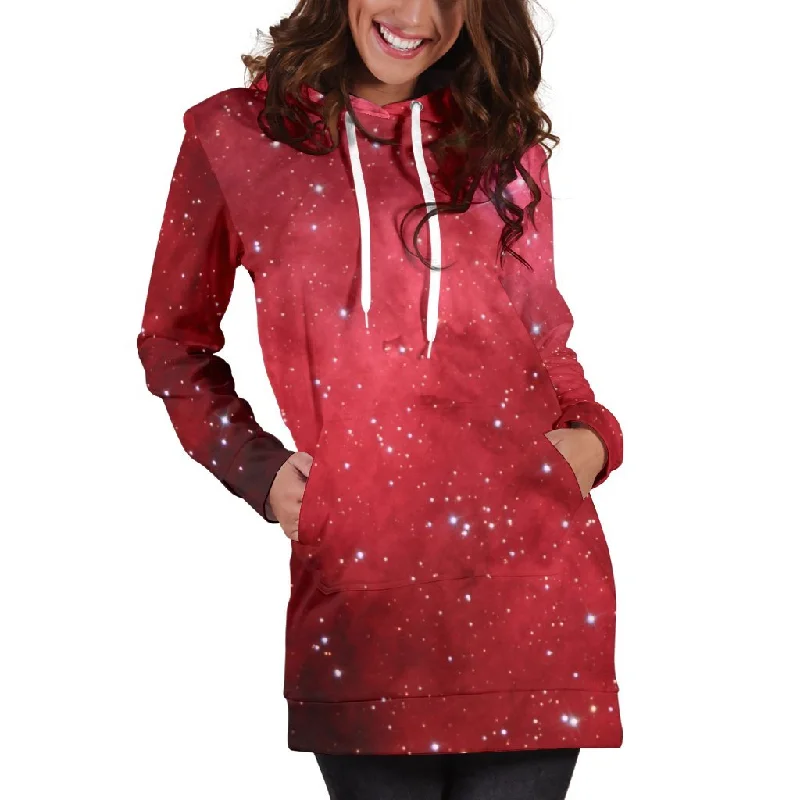 Red Galaxy Space Cloud Print Pullover Hoodie Dress