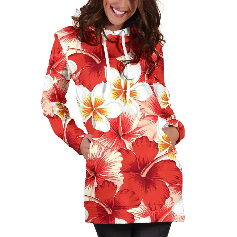 Red Hibiscus Plumeria Pattern Print Pullover Hoodie Dress